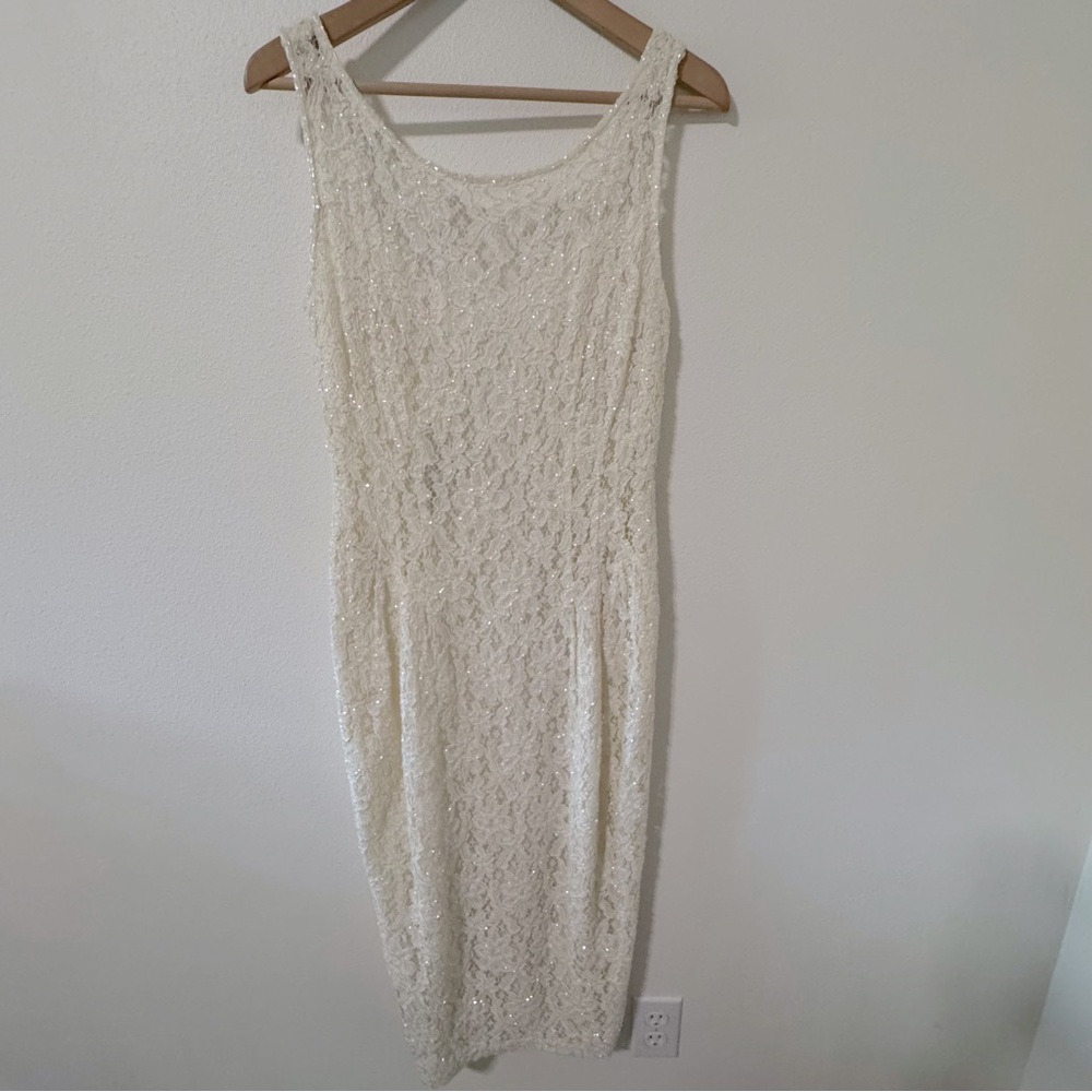 Vintage Carmen Marc Valvo Beaded Lace Overlay Midi Dress Ivory Sleeveless-10